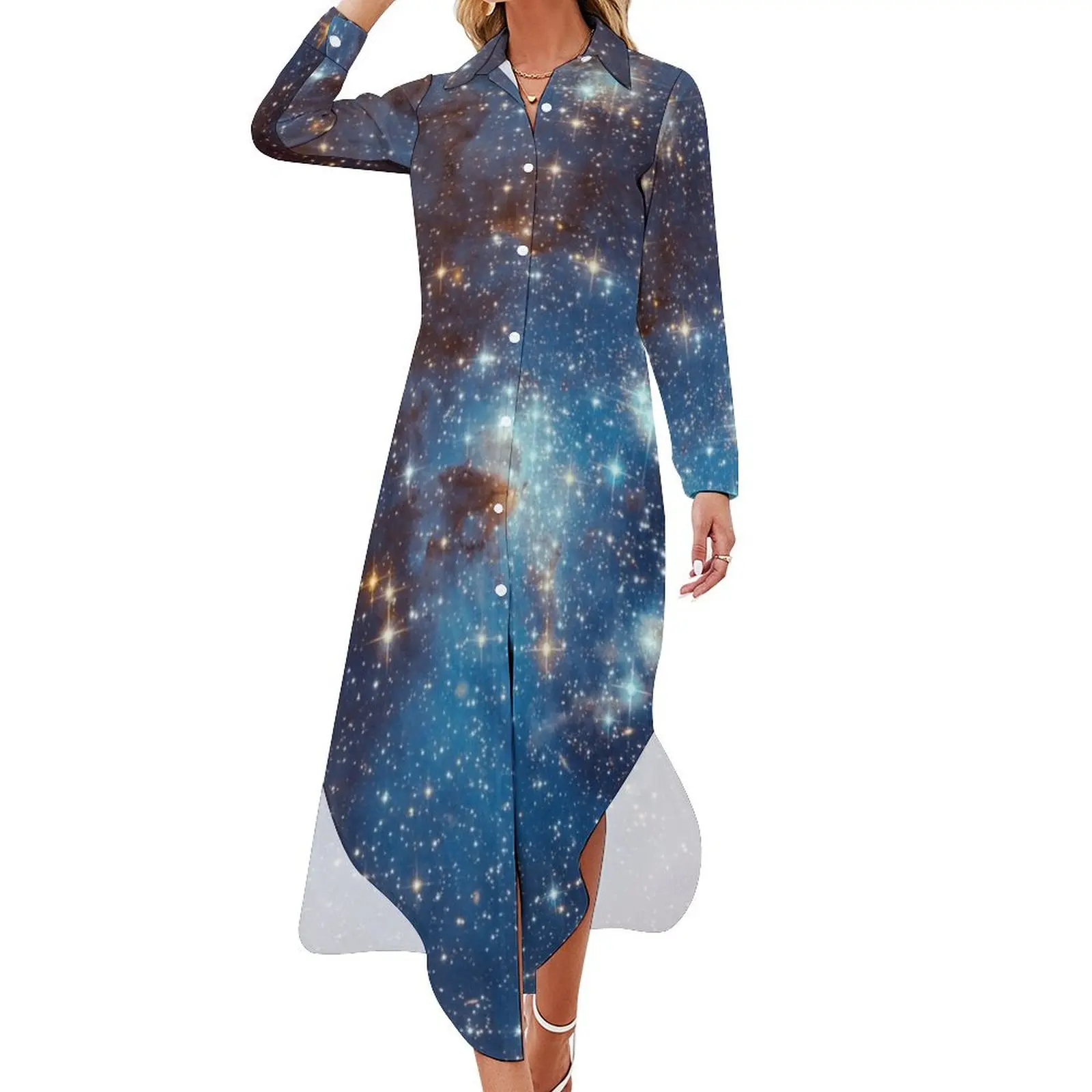 

Blue Nebula Stars Space Long Sleeved Shirt Dress Evening gown women long dresses women's summer clothing 2024