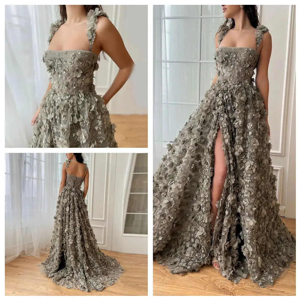 

customized square collar A-Line Evening Dresses spaghetti strap Side High Slit 3D Flowers Lace Appliques Long Prom Party Gown