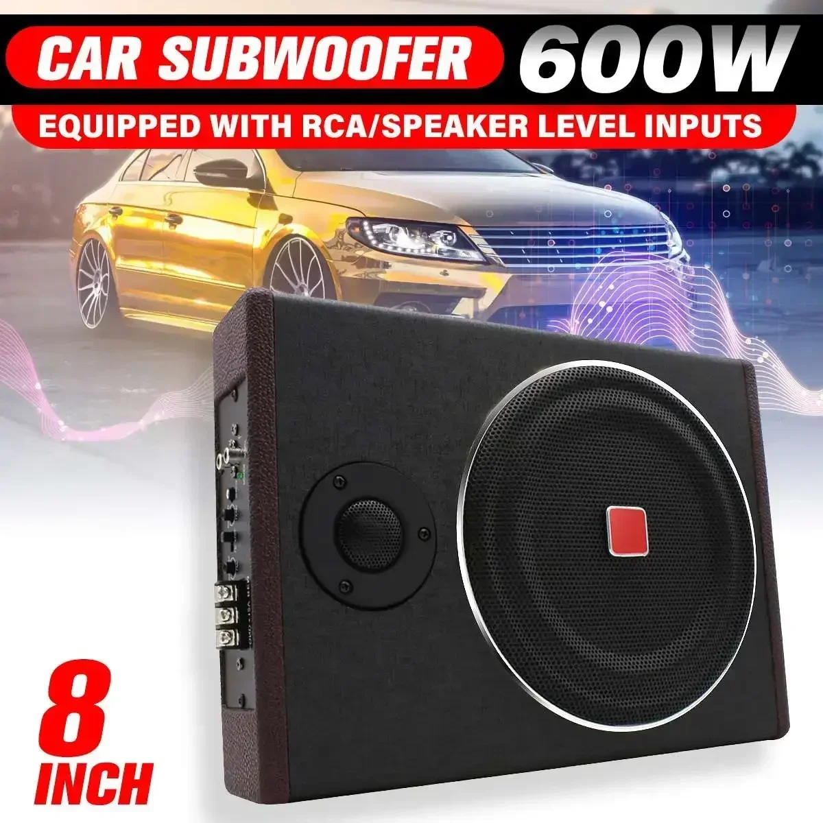 8 Inch 600W Car Subwoofer Speaker Active Under Slim Sub Woofer AMP Super Bass Stereo Speaker Amplifier Audio processor Body Kit