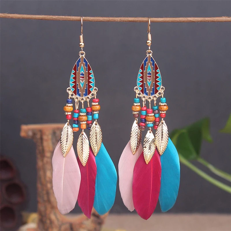 Classic Bohemian Long Feather Drop Dangle Earrings For Women Tassel Beads Handmade Flower Enamel Earrings Bride Wedding Earrings