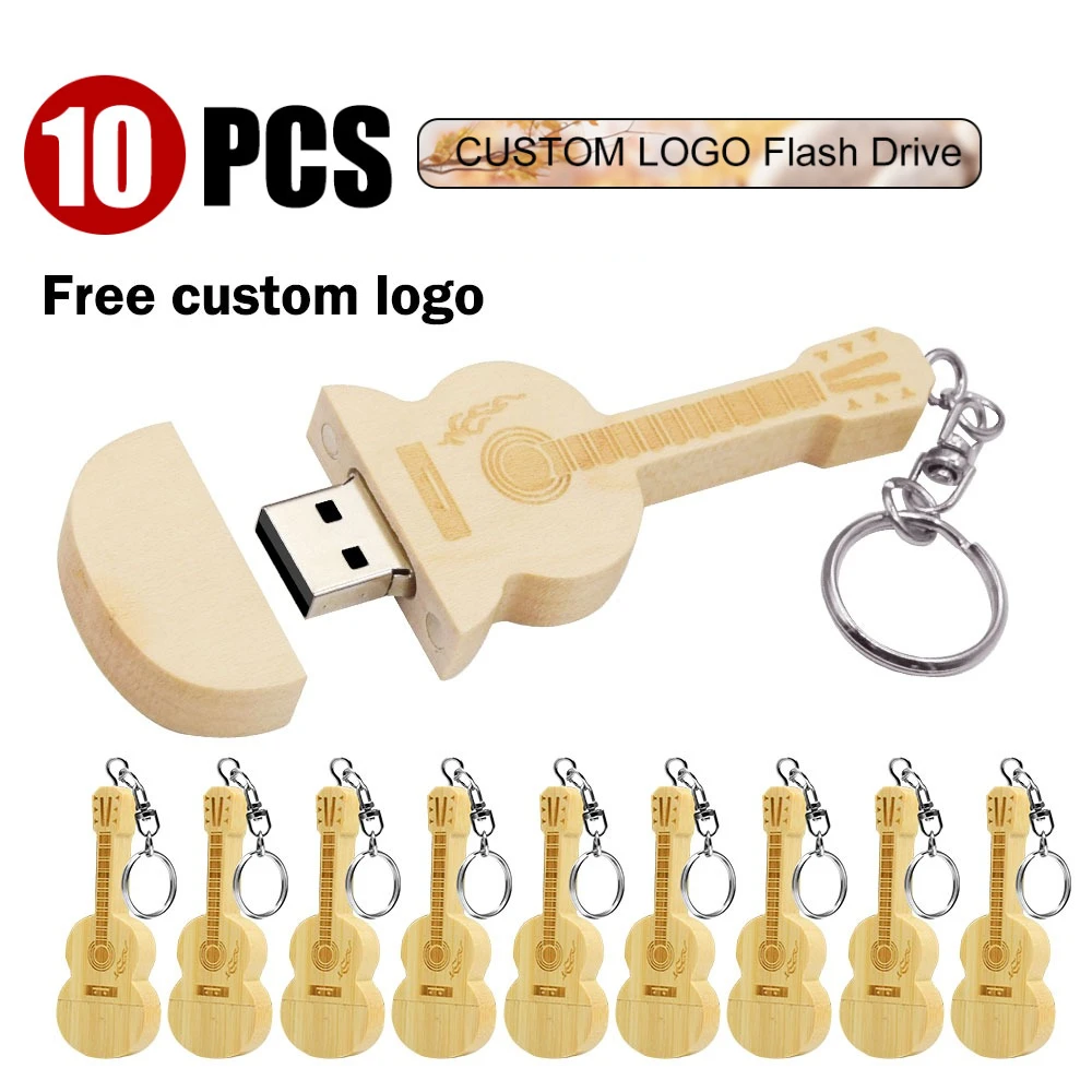 10PCS Free Custom Logo Pen Drives 64GB Wood Guitar USB Flash Drive 32GB Keychain Gift USB2.0 Memory Stick 16GB Pendrive U Disk