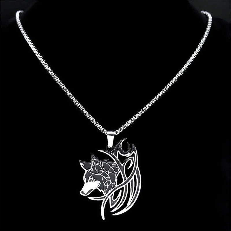 Viking Nordic Mythology Wolf Knot Necklace Stainless Steel Valknut Odin \'s Symbol of Norse Men Women Necklace Jewelry N7802S01