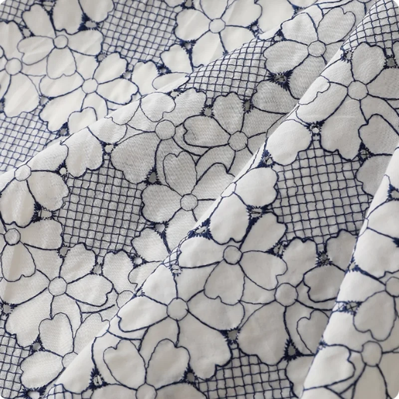 

dark blue floral embroidery cotton fabric for shirt, dress, children's clothing diy fabric