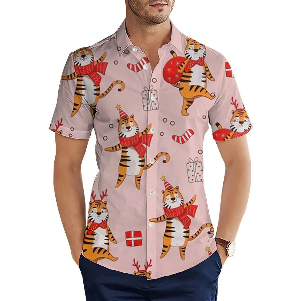 

HX Fashion Mens Shirts Cute Cartoon Tiger Christmas 3D All Over Printed Casual Shirts Short Sleeve Tops Man Clothing Camisas