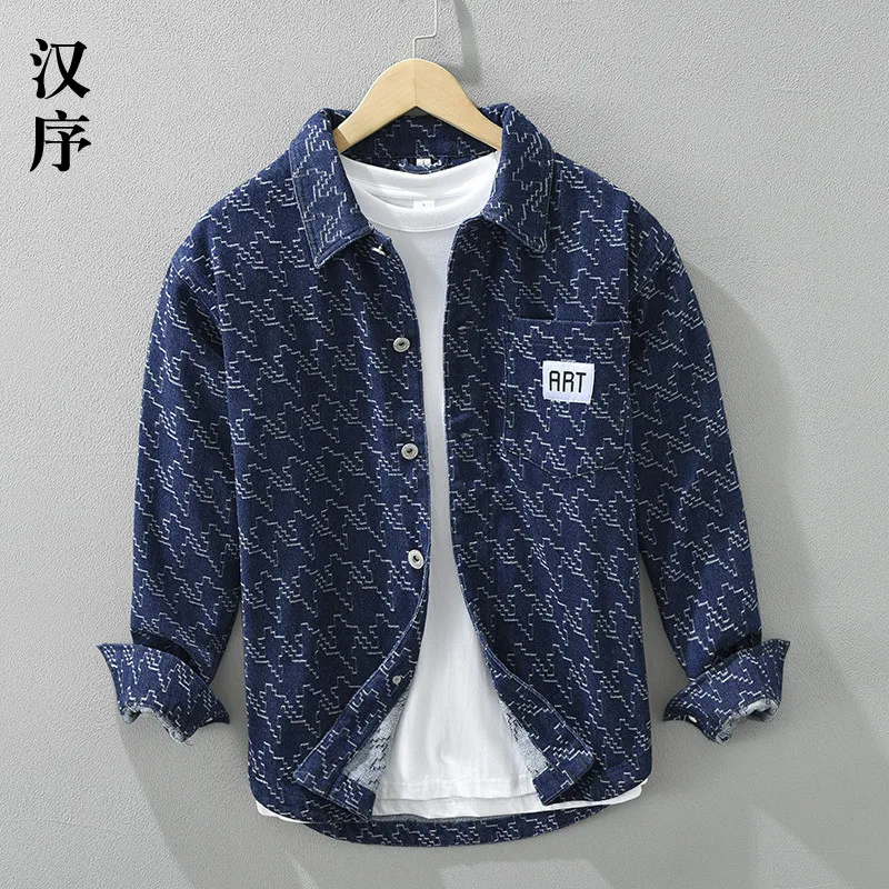 

Весенняя мужская рубашка из денима с японским ретро-принтом, свободного кроя, с длинными рукавами, модная, стильная, повседневная, с классическим воротником.