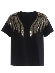 Women Tops Spring Summer New Fashion Diamonds Sequined Shirts Short Sleeve Loose Casual Shinny Party White  Black  Tops Blusas