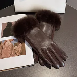 Womens PU Leather Gloves for Cold Weather Winter Warm Gloves with Faux Fur Trim Cuff Thermal Lining Party Gloves