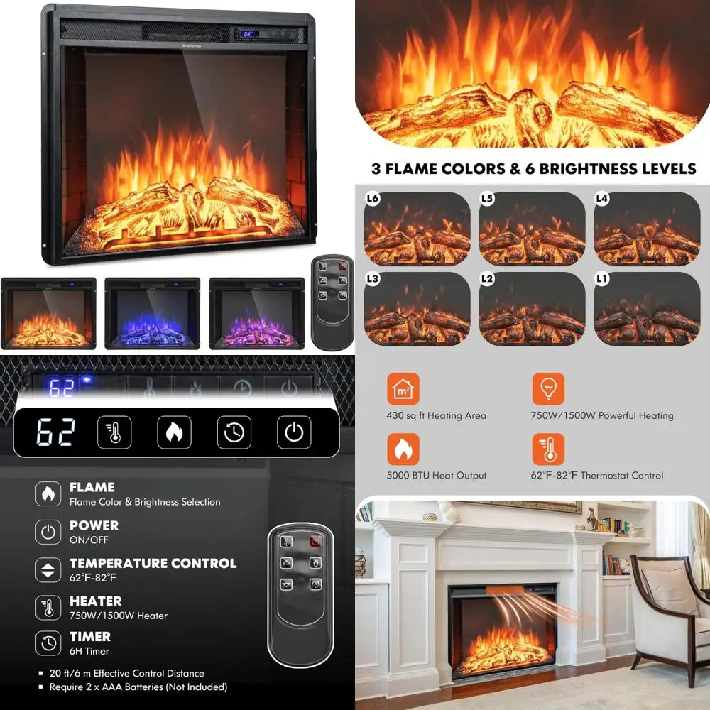 

26 Wall-Mounted Electric Fireplace with Adjustable Flame & LED Screen, Remote Control & Timer