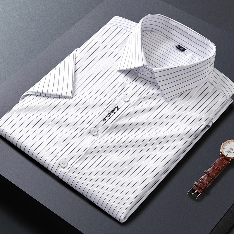 Fahion korean popular clothes summer striped short sleeve shirts for man slim fit casual shirt elastic easy-care designer shirt