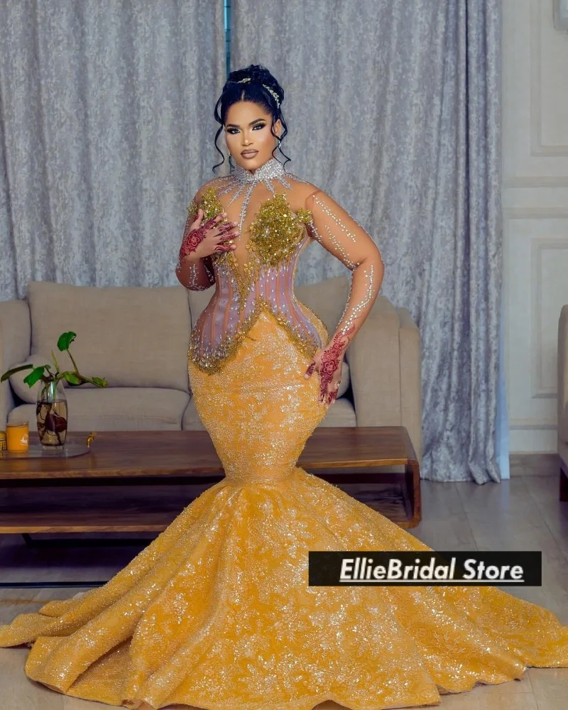 Delicate Crystal Sequin Hoge Hals Avondjurken Luxe Kralen Sheer Top Lange Zeemeermin Bruiloft Jurk Prom Jassen Aangepast