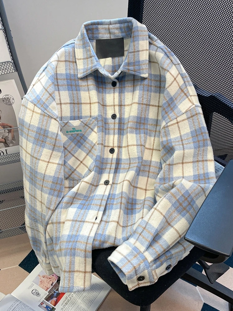 

Japanese Vintage Shirts Long Sleeve Plaid Pockets Turn Down Collar Blouses 2025 Autumn New Tops All Match Loose Women's Clothing