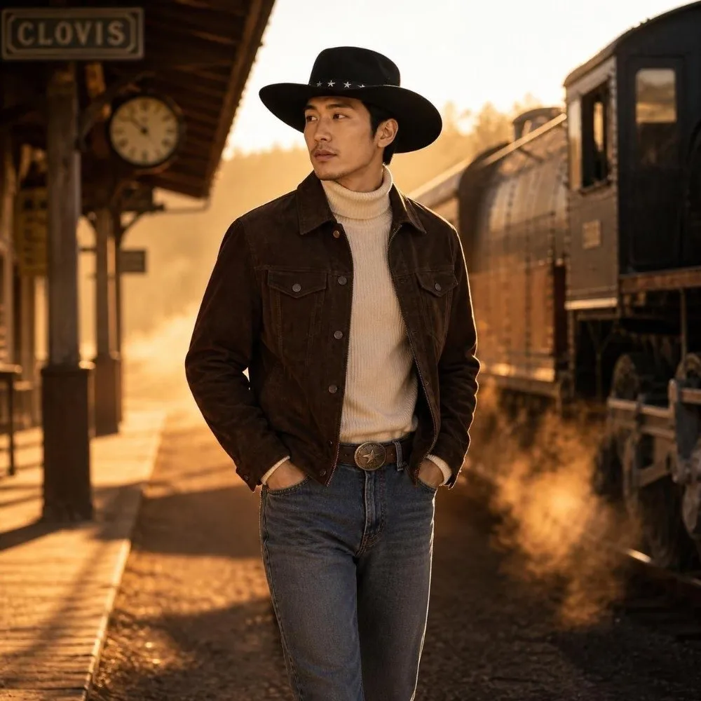 Fashion Big Brim Fedora Hat Five-pointed Star Belt Breathable Western Top Hat Curved Brim Vintage Cowboy Cap Church