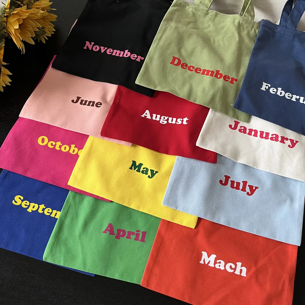 Simple Colorful Letter Canvas Handbags for Women 12 Months Different Colors Ladies Shopping Bag Lightweight Portable Girls Tote