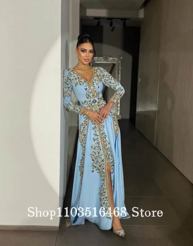 Suknia wieczorowa w kolorze błękitnego nieba, w stylu Bliskiego Wschodu, z koralikami, dekolt w serek, na formalną okazję, bal, zaręczyny, arabska impreza taneczna.