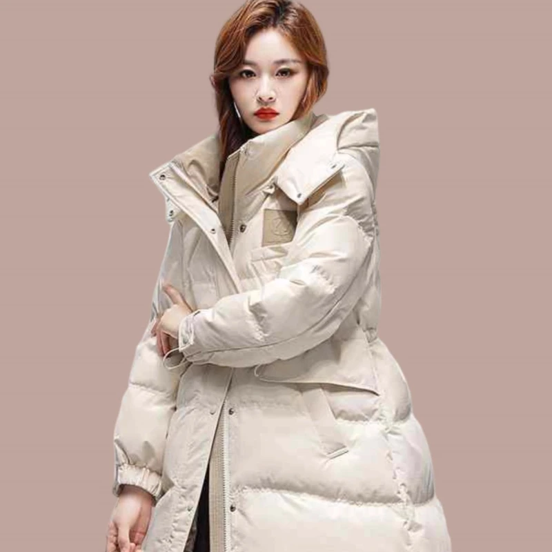 سترة نسائية شتوية جديدة موديل 2025 بقلنسوة على الطراز الكوري معطف طويل سميك ودافئ