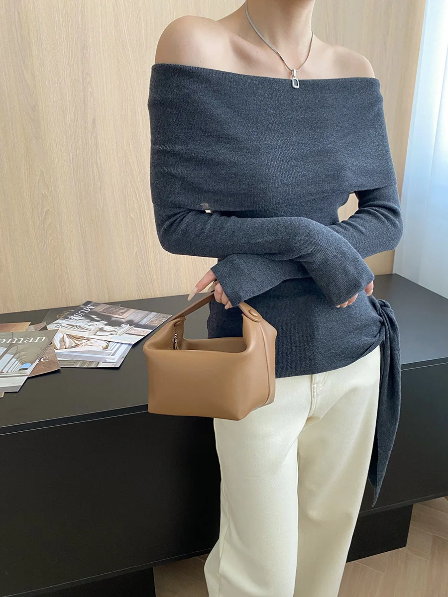 

French One-shoulder Side Straps Sexy Slimming Sweater 2025 Spring And Autumn Knitted Tops