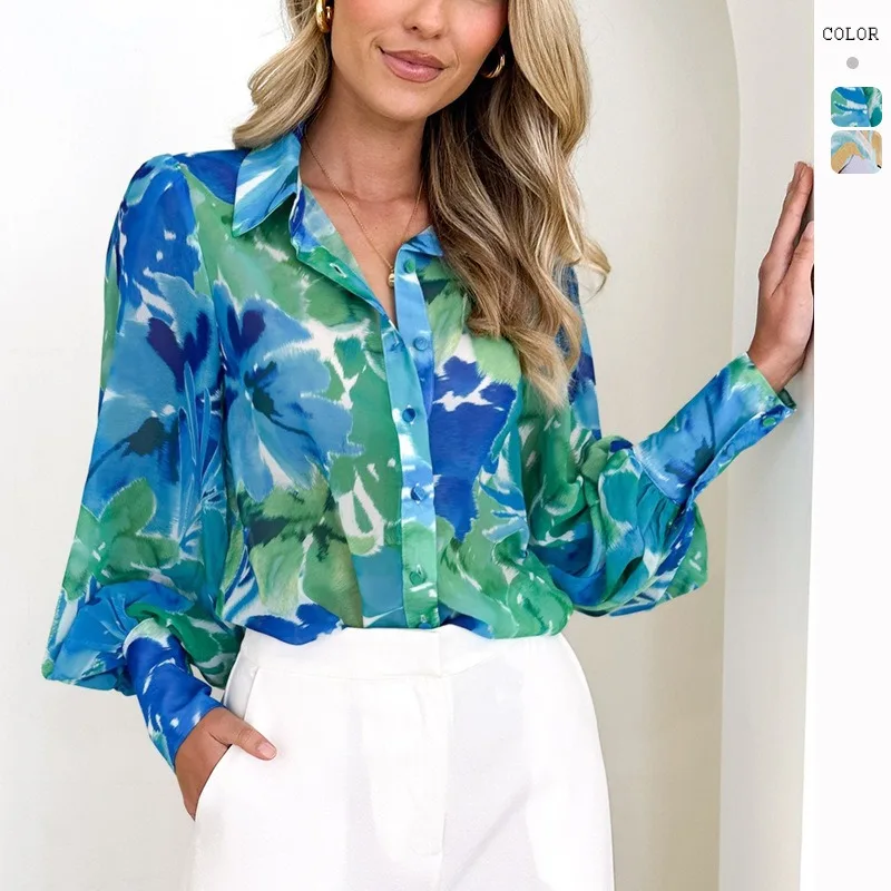 

2024 Spring Autumn New Shirt Women's Cardigan Loose Printed Shirt Women's Lantern Sleeve Single-Breasted Turn-down Collar Shirt