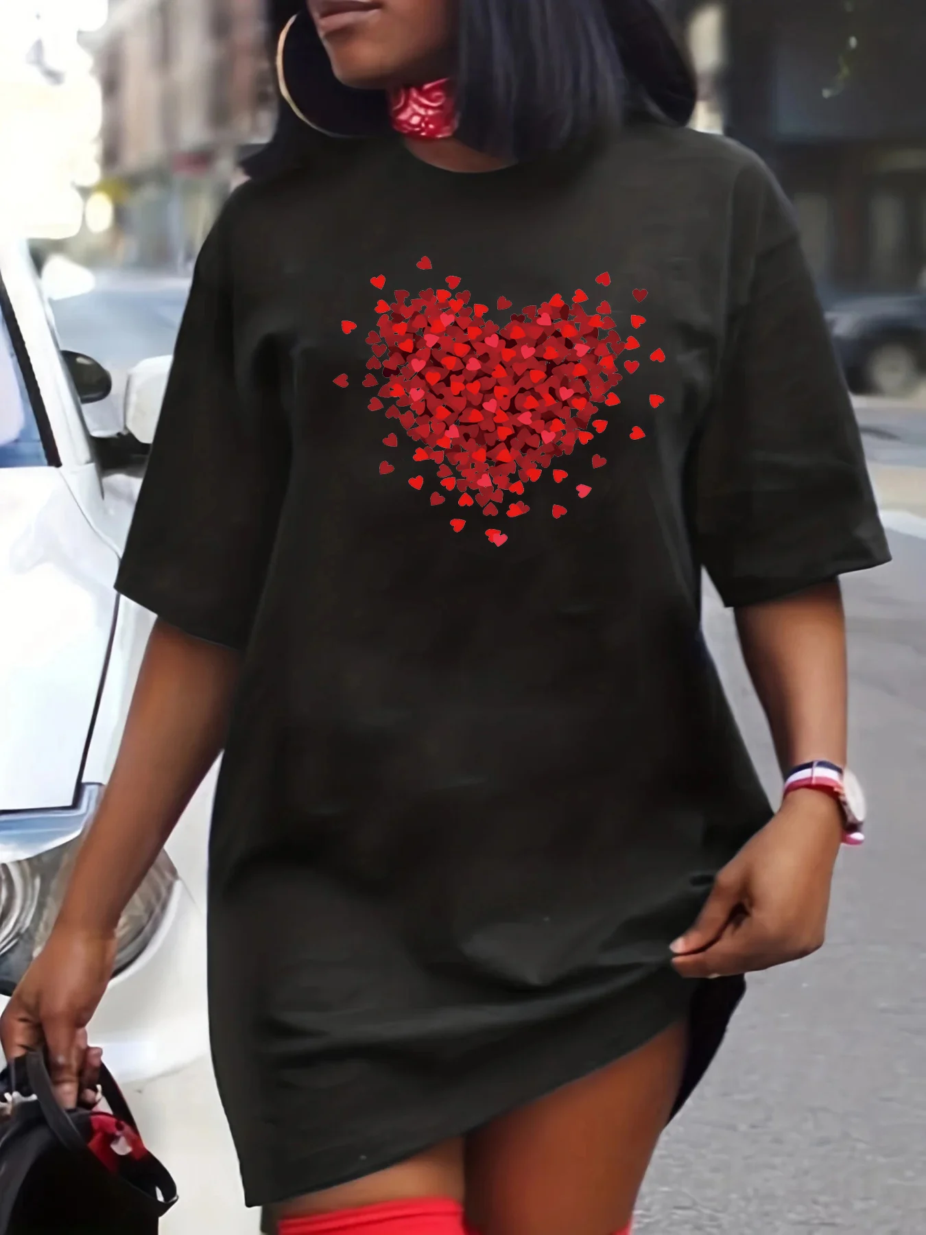 Ladies' spring and summer fashionable casual loose love petal pattern printed round neck short sleeved T-shirt dress