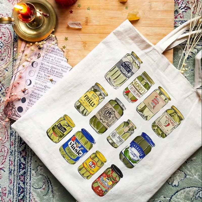 1pcs Pickle Pattern Tote Bag Trendy Casual Shoulder Bag Vintage Canned Pickles Tote Bag Funny Canvas Shoulder Bags