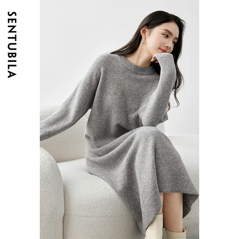 SENTUBILA Wool Knitted Dress for Women 2024 Winter Casual Simple Loose Fit O Neck Drop Sleeve Comfort Long Dress W44L57649