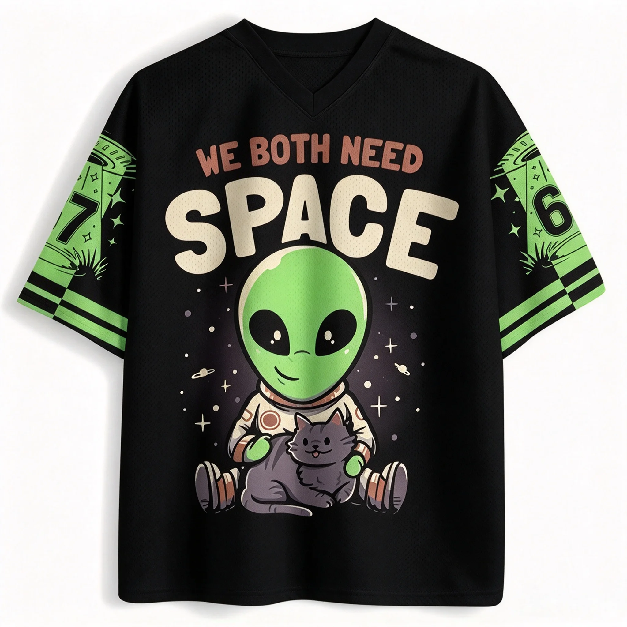 Cute Alien Cats V-neck Mesh T-Shirt UFO Rainbow Funny Slogan Print Short Sleeve Casual Unisex Streetwear Top