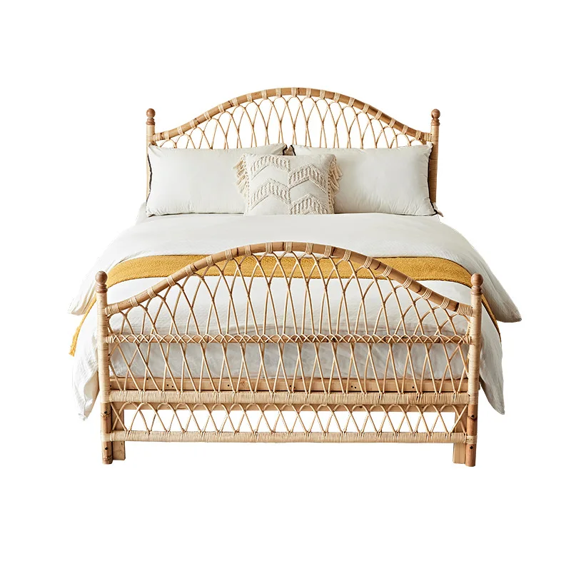 

New Chinese rattan art bed home bedroom handmade rattan bed sandy wind medieval 1.8 meters double half moon