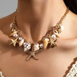 Bohemian style conch shell starfish pearl pendant tassel short women's necklace suitable for vacation
