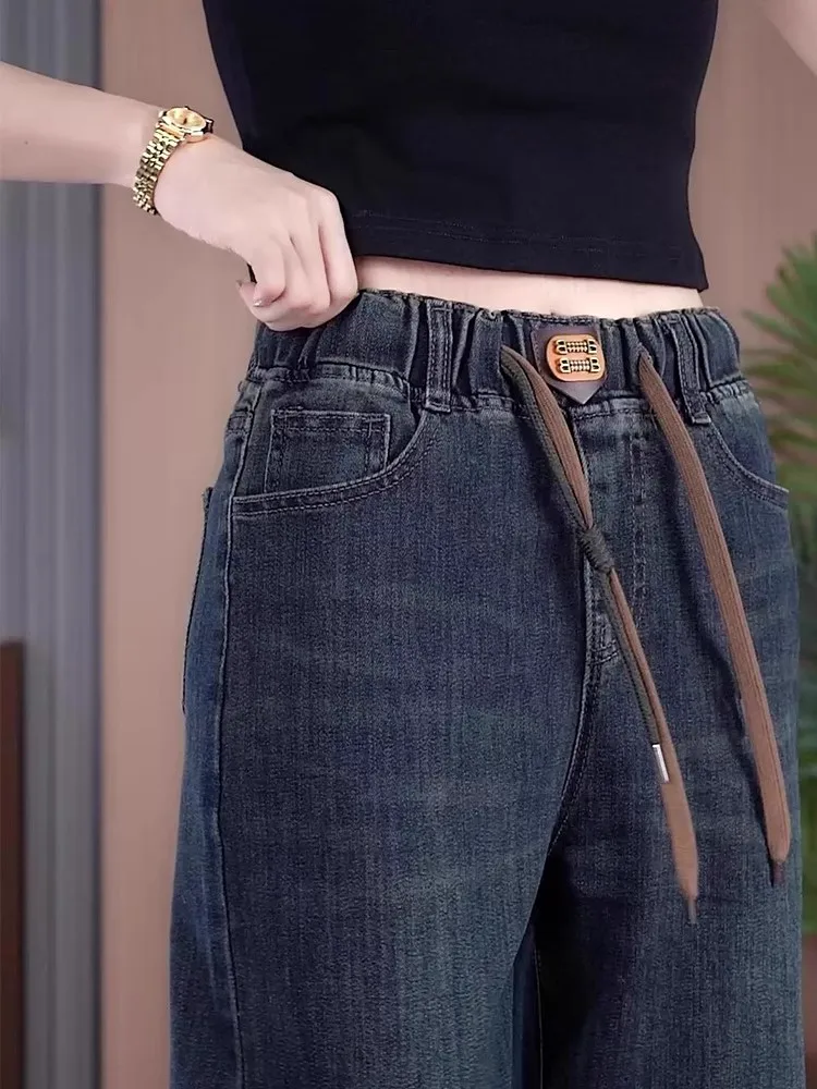 

High Waist Elastic Waist Straight Leg Jeans Women's Loose Fit Concealing Wide Leg Denim Pants Casual Wear Autumn Season
