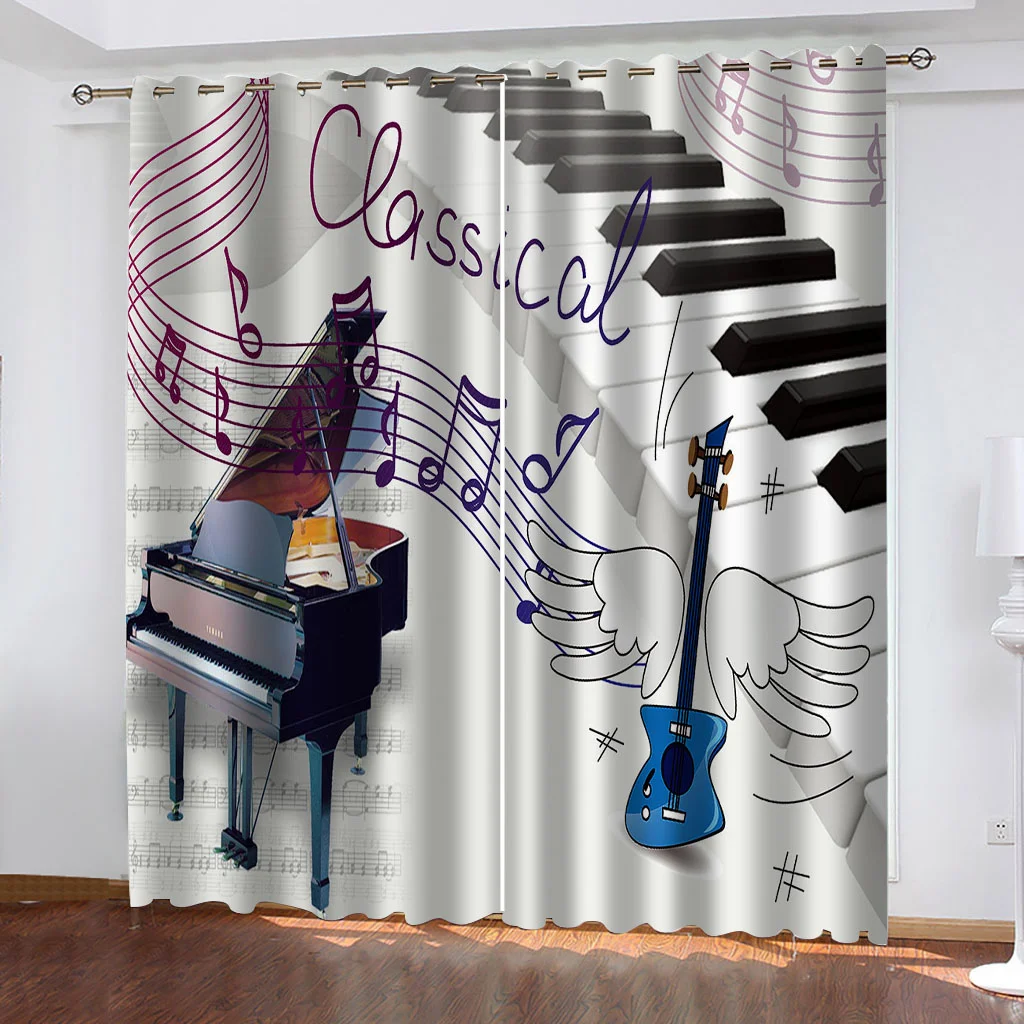 Music Notes Guitar Piano Key 3D Printed Modern Luxury Cello Thin Window Curtains for KidsBedroom Living Room Bathroom Door Decor