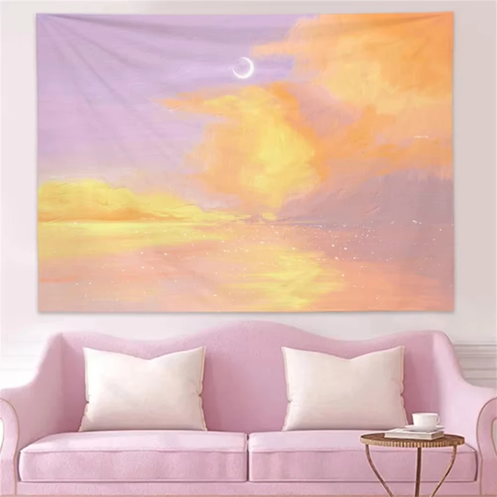 VIKAMA Gradient Sunset Tapestry Purple-Orange Cloud Moon Fantasy Living Room Sofa Backdrop Wall Room Decor