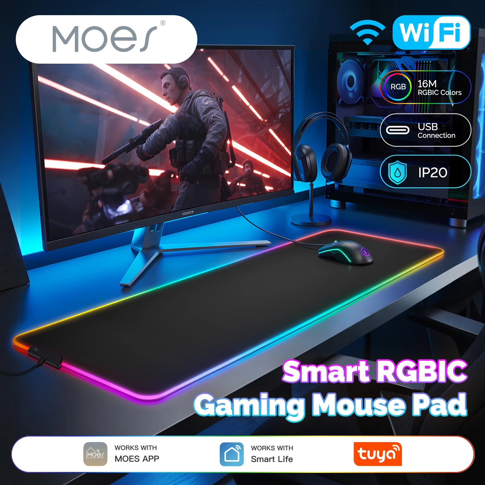 

MOES Tuya WiFi Smart LED Mouse Pad RGBIC 16 Million Color Light DIY Atmosphere Desk Carpet Waterproof Mat For Gaming PC Computer