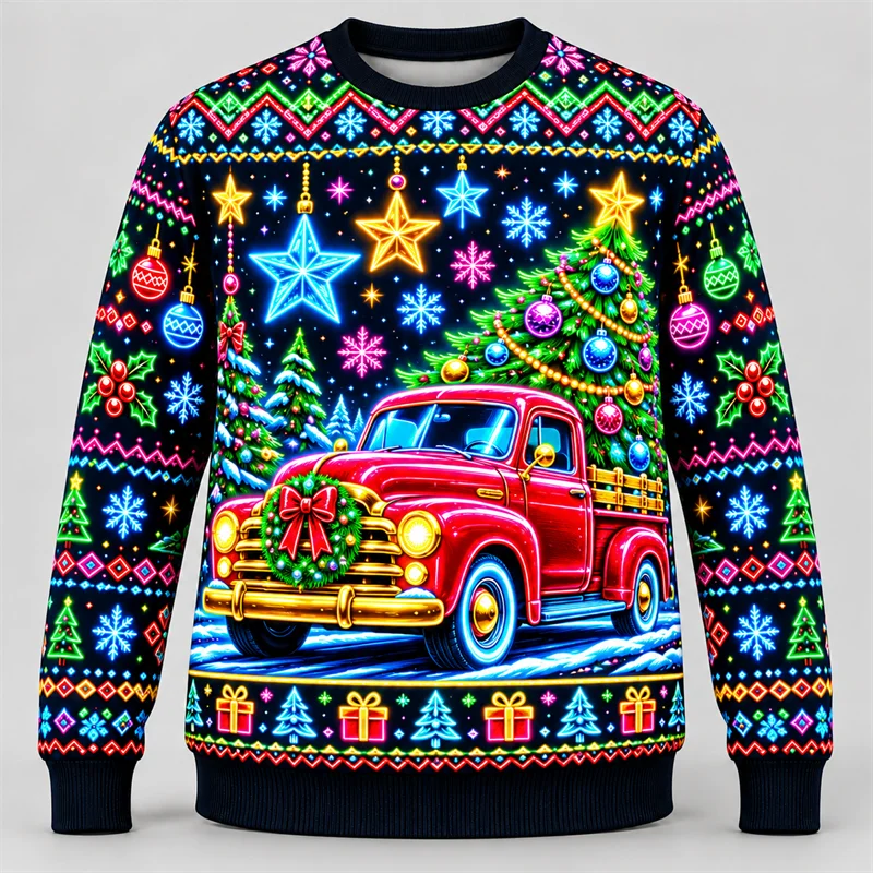 Neon Ugly Christmas Sweater Men Fireplace Stockings Christmas Truck Ferris Wheel Robot Cat Print Crewneck Long Sleeve Pullover