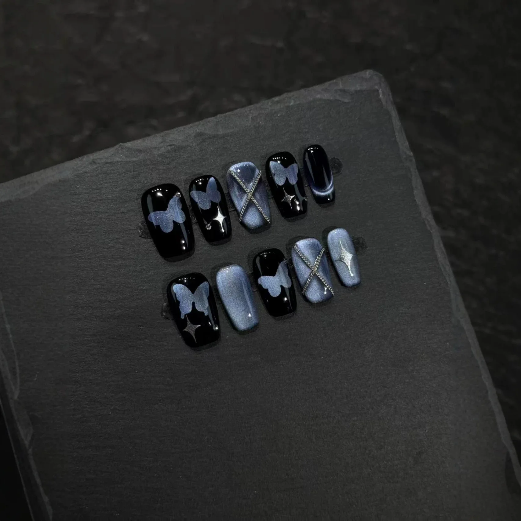 10pcs Handmade Short Press On Nails Black Blue Cat Eye Butterfly Chain Design Sweet Cool Fake Nails Wearable Nails Art Tips Girl