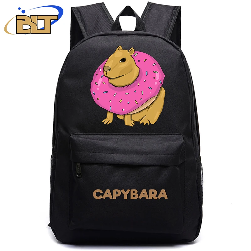 Bonito Animal Capivara Imprimir Mochila Preta, Adolescente Estudante Schoolbag, Meninos e Meninas Presente