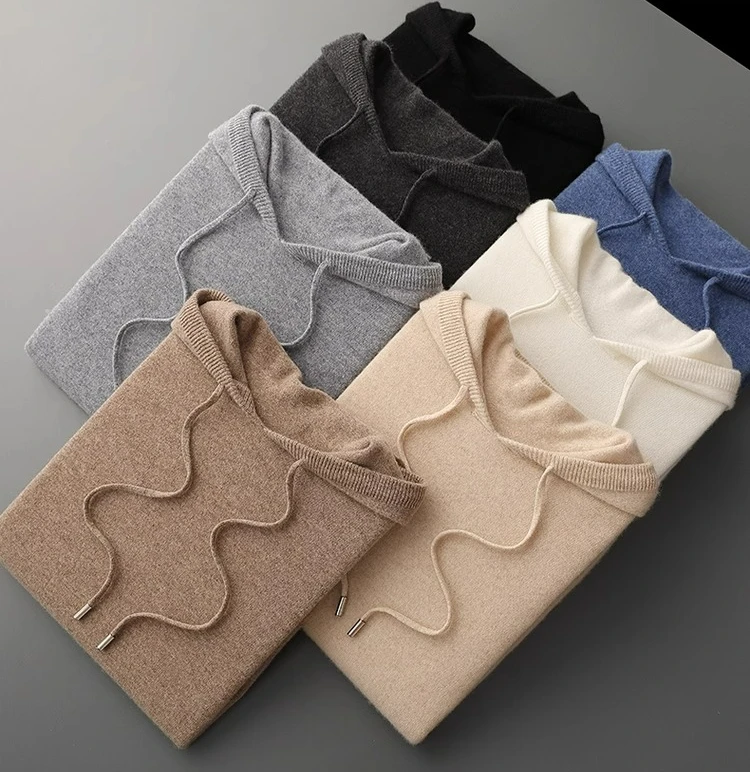

100% wool hoodie men's thickened solid color hooded sweater business casual light luxury cashmere knitted bottoming shirt