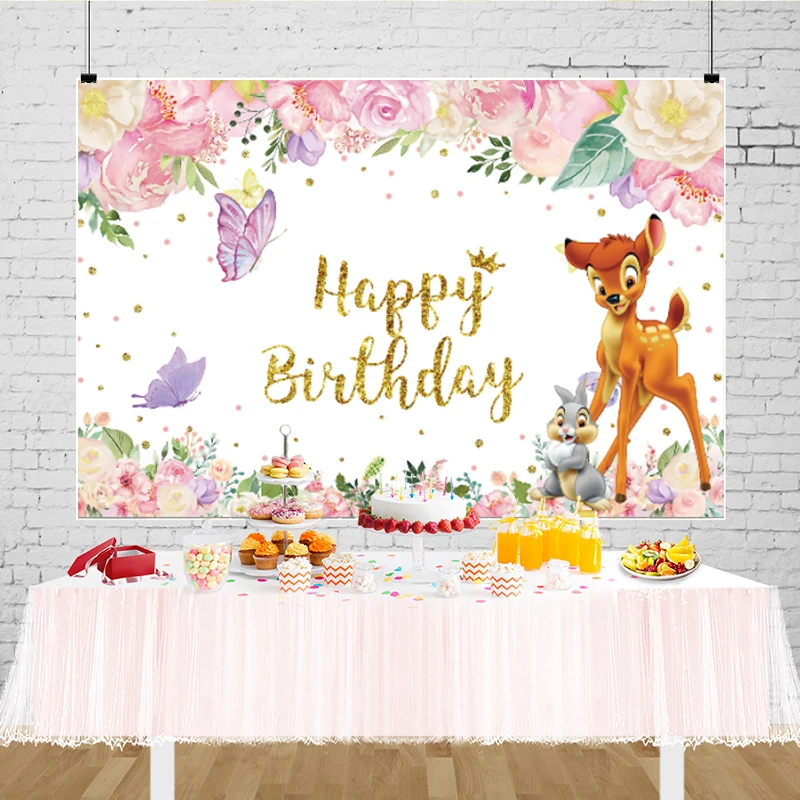 Disney Bambi & Thumper Photo Backdrop Pink Flowers Butterfly Photography Background For Girls Happy Birthday Party Banner Decor