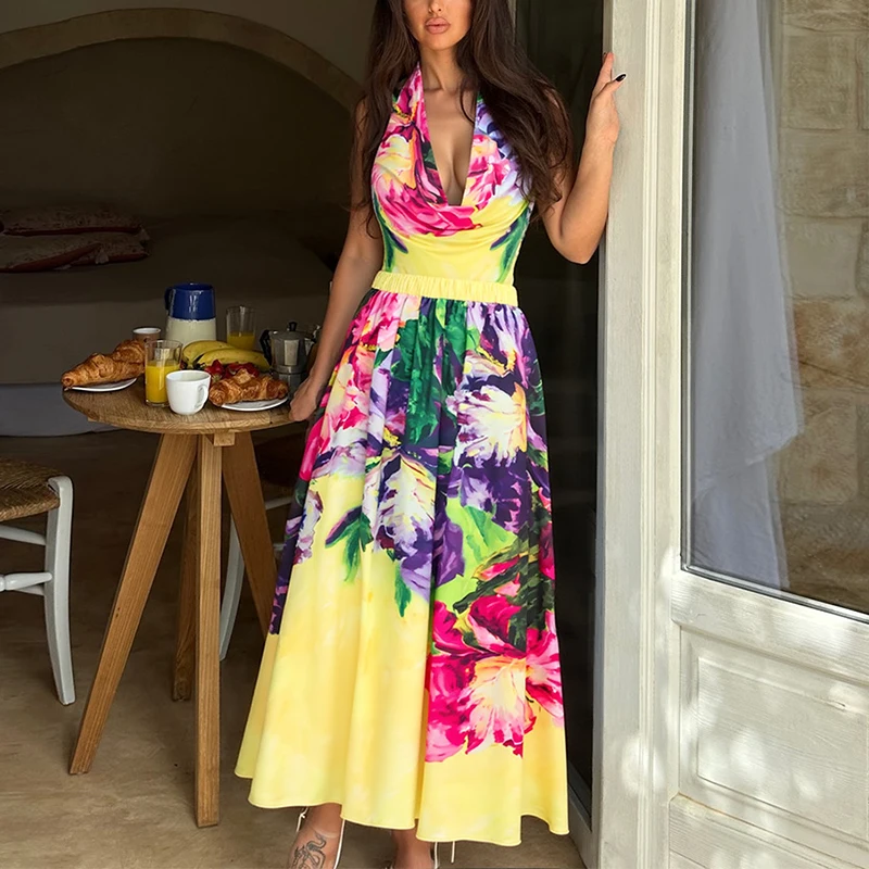 

Женский элегантный комплект: модный купальник с рюшами и юбка-накидка в стиле масляной живописи, летний сексуальный боди без рукавов с открытыми плечами и юбка-комплект