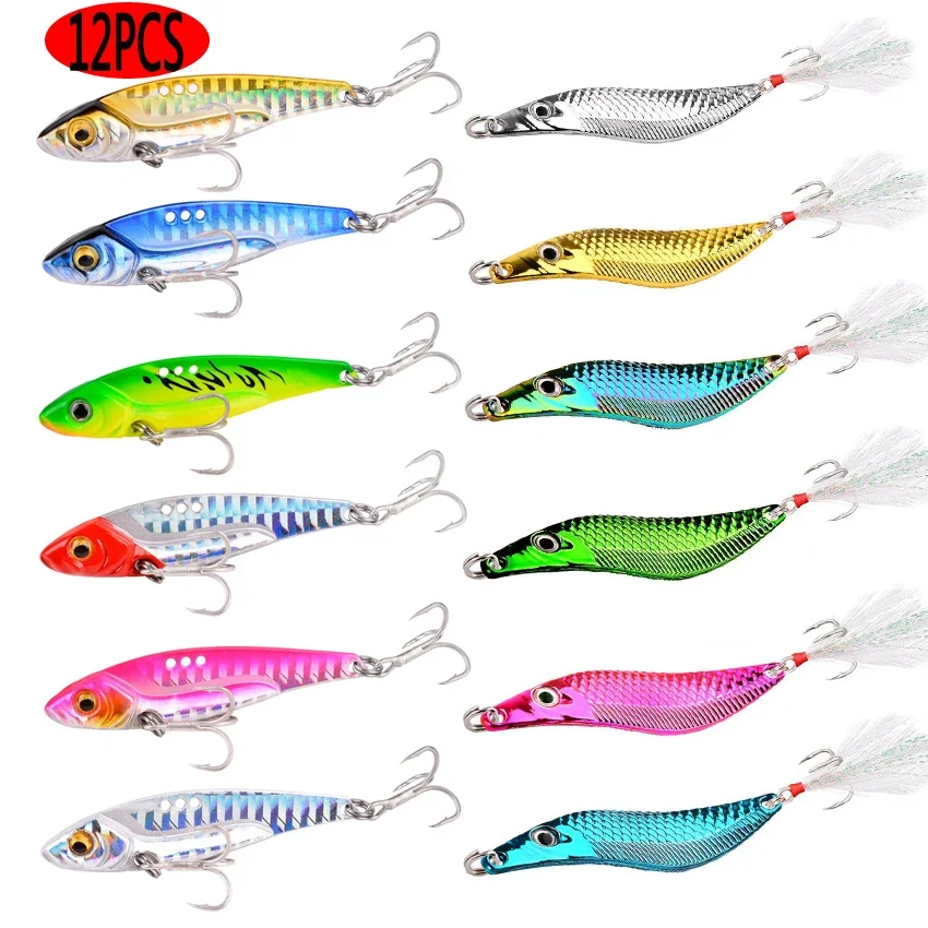 12pcs Blade Leech Spinners Spoon Fishing Lures Set Metal Jig VIB 7g-25g Artificial Bait Pesca Fishing Tackle for Bass Pike Perch