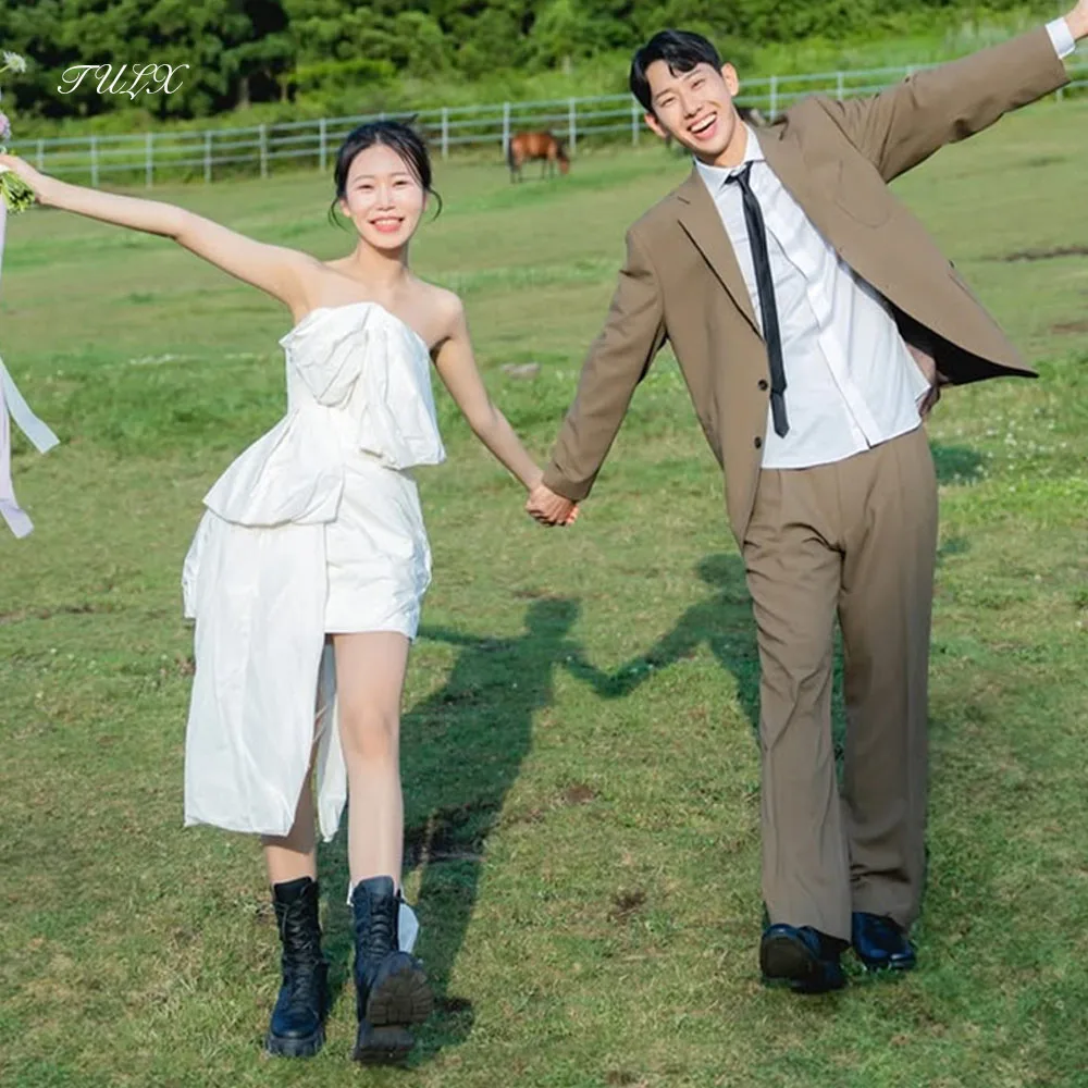 

TULX simple Taffeta Mini Wedding Dress 웨딩드레스 Korea Photo Shoot Strapless Bow Bridal Gowns Short Above Knee Corset Customized