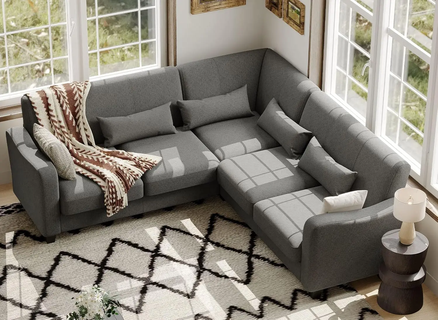 Fabric L Shaped Sofa Small Sectional Couch with Chaise Solid Corner Sofa Small L Couches 5 Seater Sofa Light Grey