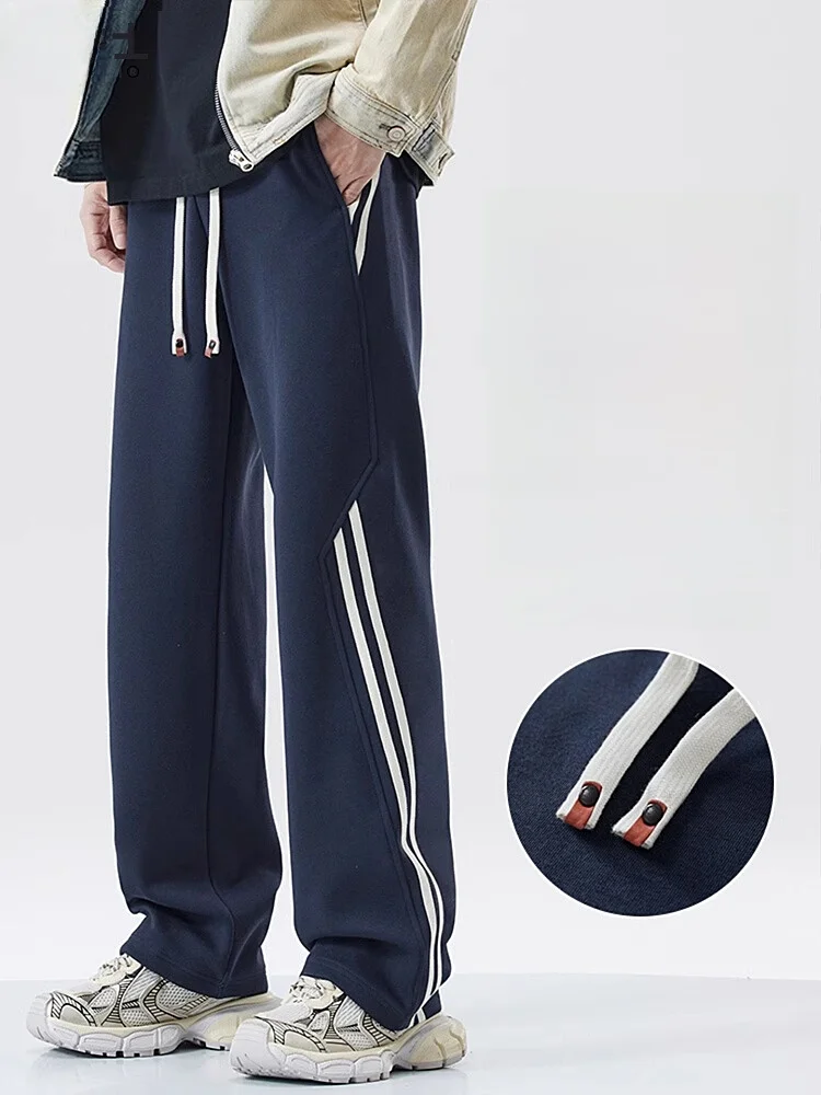 

Casual Men's Long Pants Spring Autumn Style Loose Wide Leg Sweatpants Drapey Straight Cut Trendy Brand Dark Blue Striped
