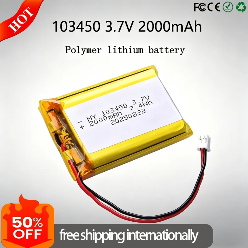 

103450 3.7V 2000mAh литий-полимерный перезаряжаемый аккумулятор JST PH 2.0 мм для камеры, GPS, MP5