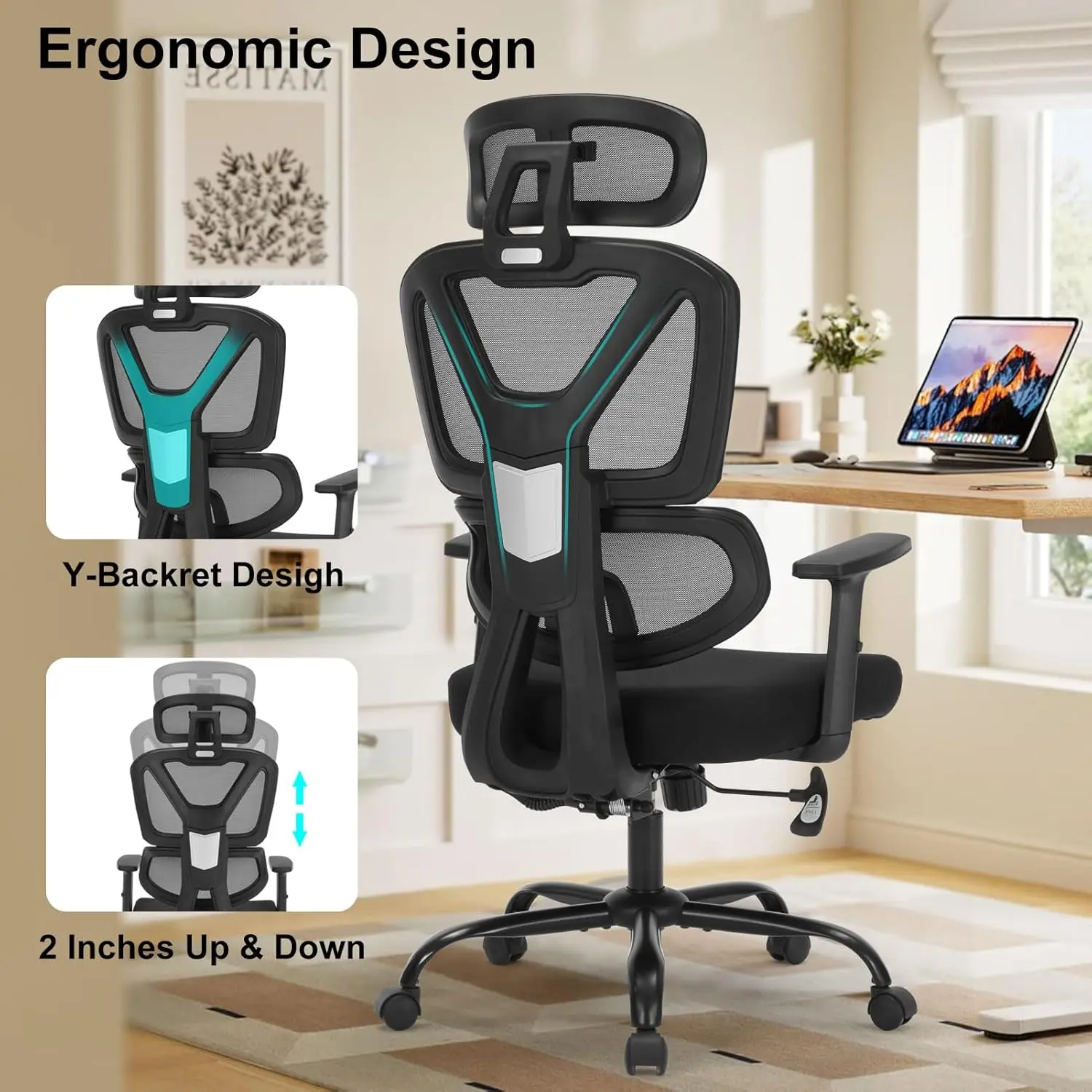 Adjustable Ergonomic Office Chair with Lumbar Support, High Back Mesh Design, and 350lb Capacity for Home and Office Use