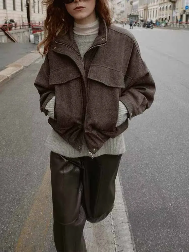 

European and American style winter new arrival fashionable and simple women's stand collar herringbone bomber jacket