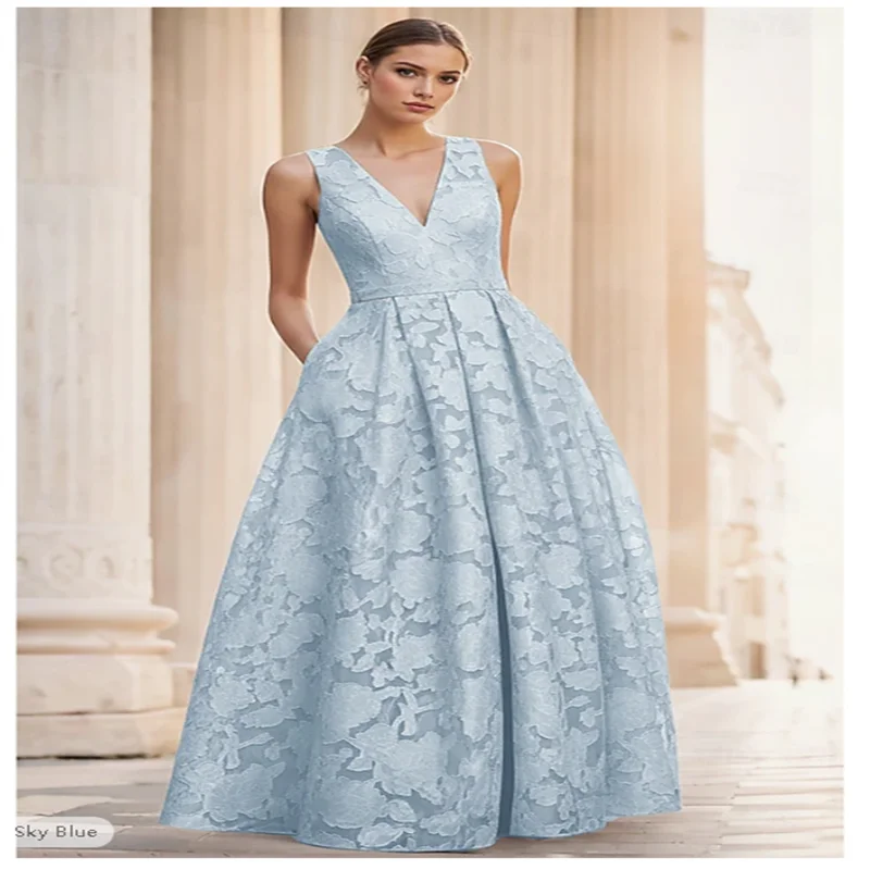 A linha até o chão vestido de noite vestido de baile vestido formal elegante alta divisão sem mangas decote em v casamento formal bolso jacquard