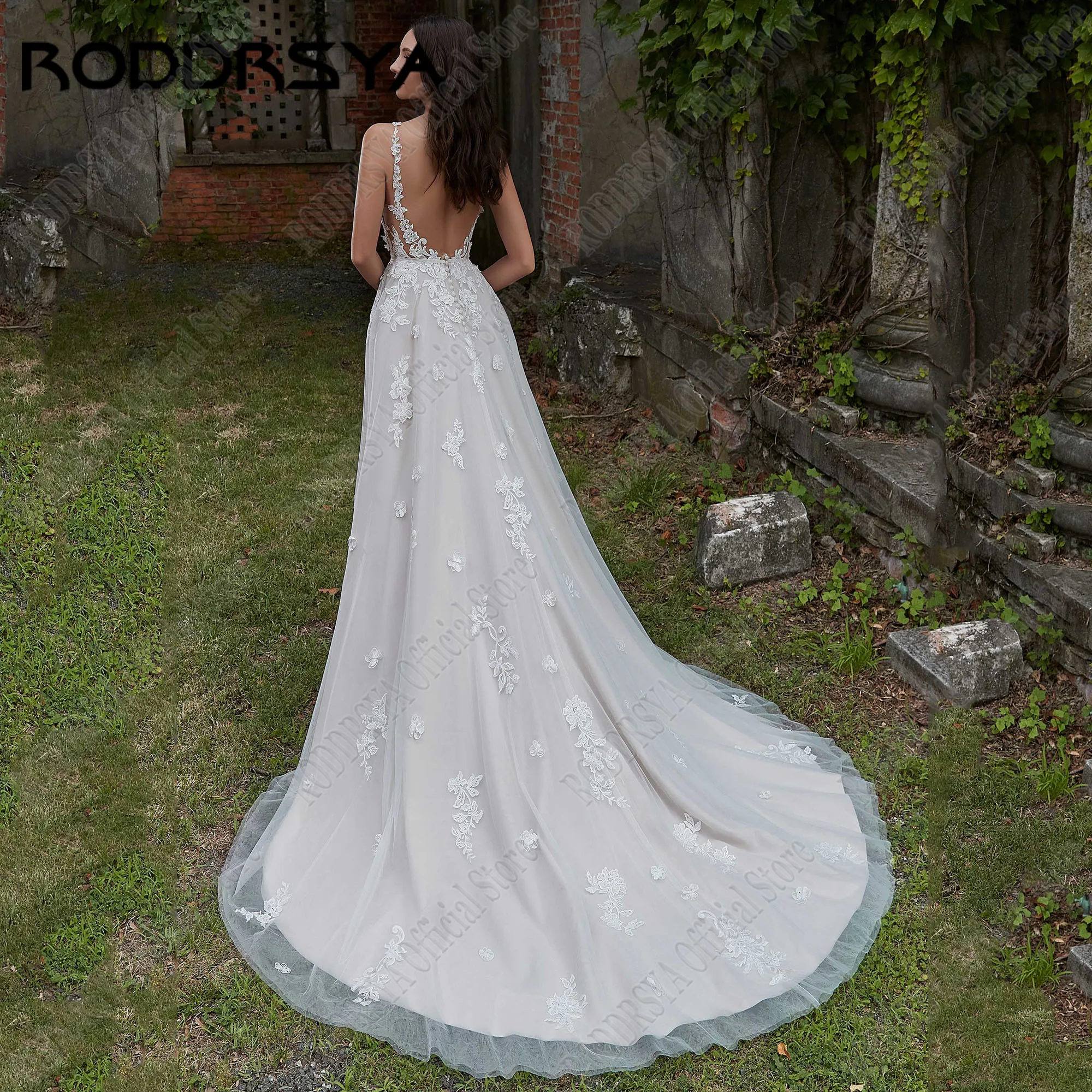 RODDRSYA-vestido De Novia De encaje bohemio, traje con tirantes finos, cuello en V, Espalda descubierta, apliques De Novia, corte en a lateralVestido de novia de encaje bohemio roddrsya correa de pasta de cuello V calc