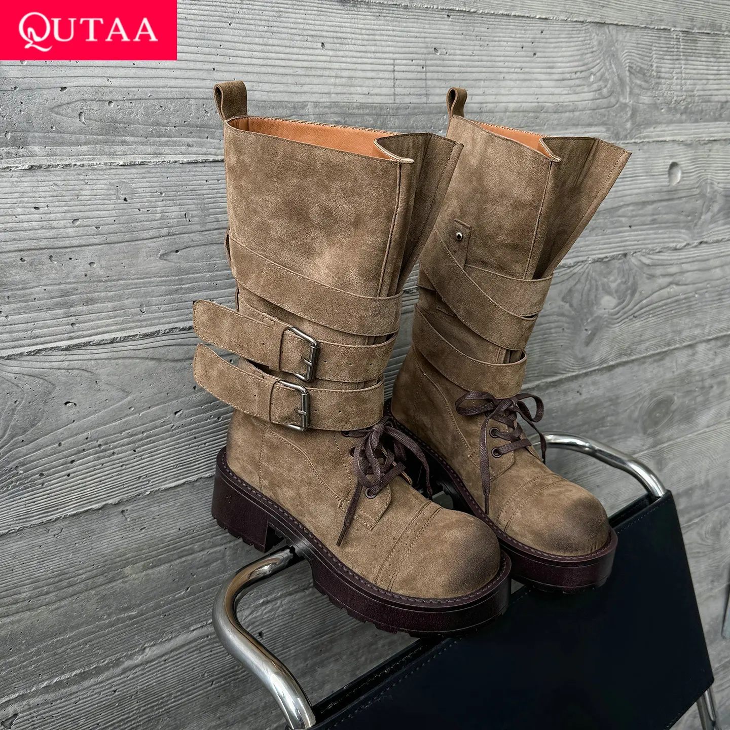 

QUTAA 2026, модные женские ботинки до середины икры, осенняя обувь из коровьей замши, зимние ботильоны на высоком каблуке с круглым носком в стиле вестерн, ковбойские ботильоны 34-40