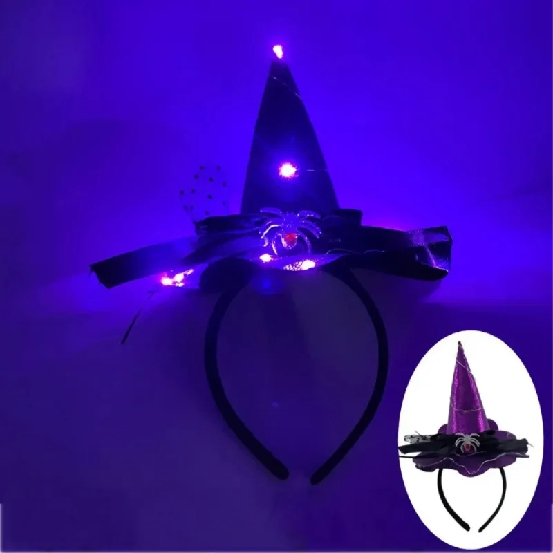 LED Halloween Glow Witch Pointed Hat Battery Light Headband Dance Show HeadbandGlowing Cap Bat Spider Lace Festival Decorative