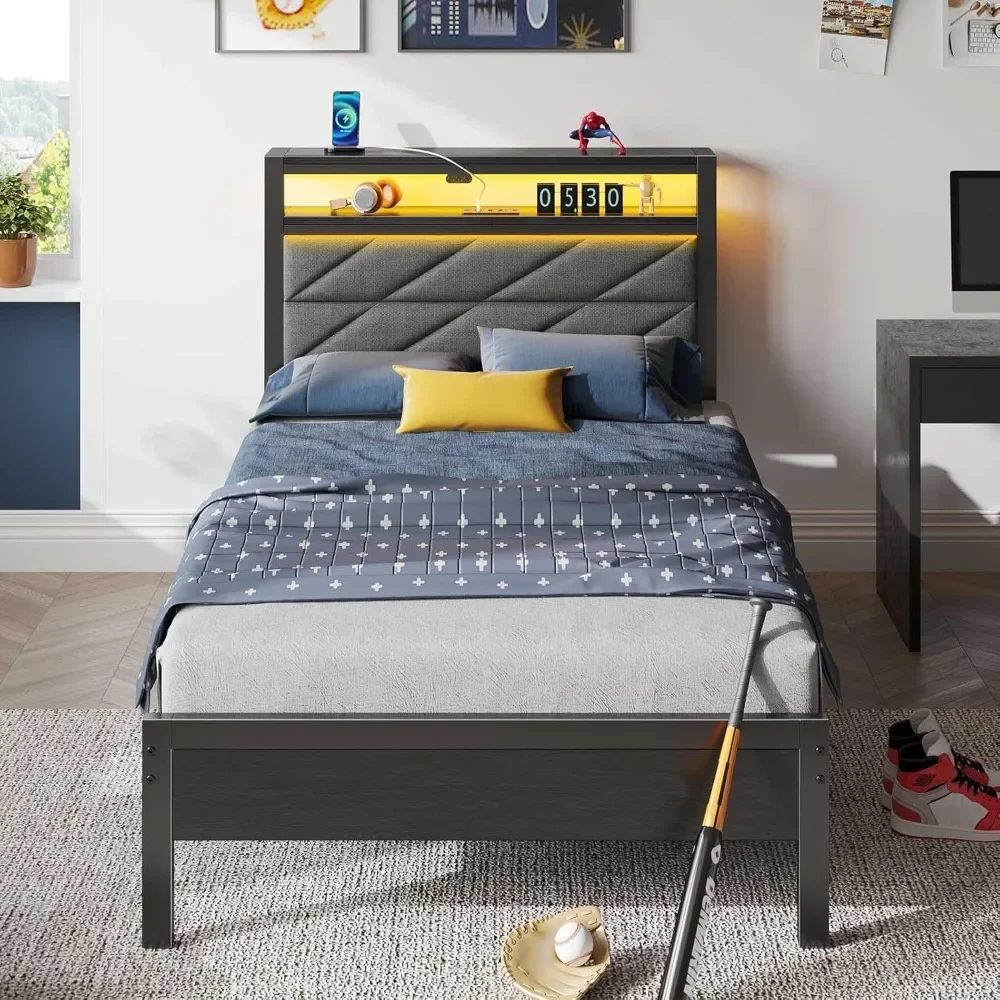 Double metal platform bed frame with charging station, LED bed with padded storage headboard, no need for spring mattresses