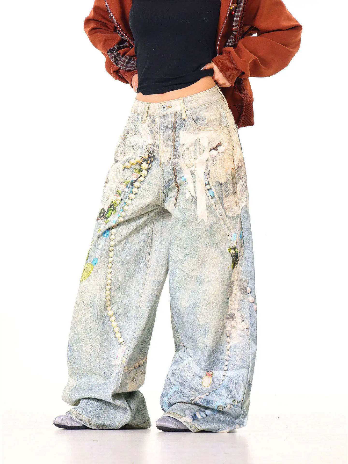 

Light Blue American Sle Printed Denim Pants Women's Autumn Winter Loose Wide Leg Jeans Personalized Casual Trousers